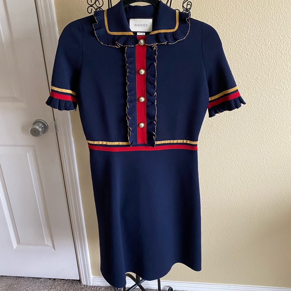 NEW! Gucci Faux Pearl Embellished Ruffled Wool Blend Mini Dress in Navy (size M)